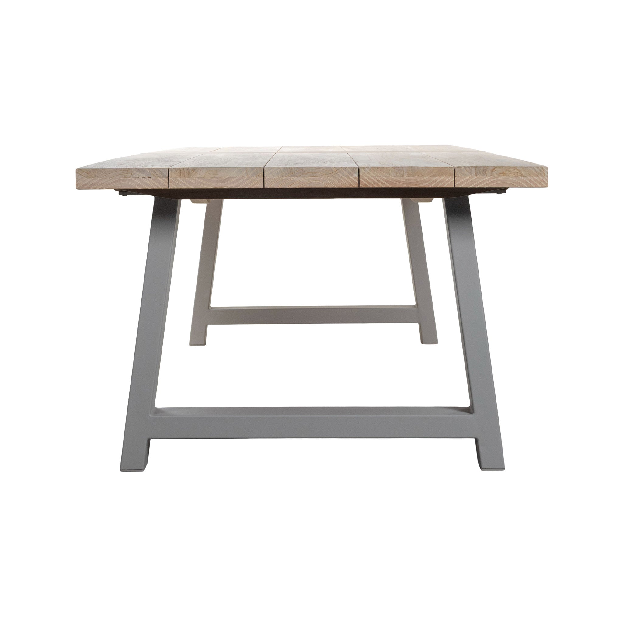 Wooden table with gray metal legs on a white background
