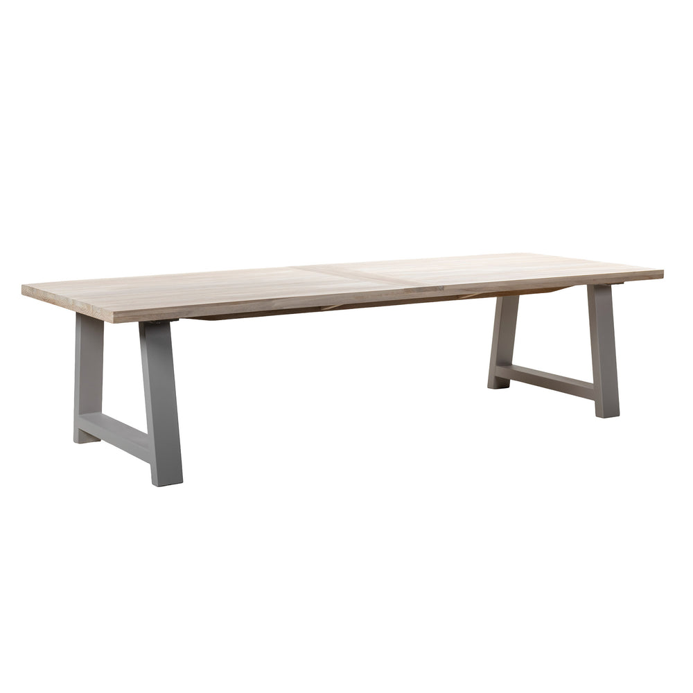 Long wooden table with a light finish on a white background
