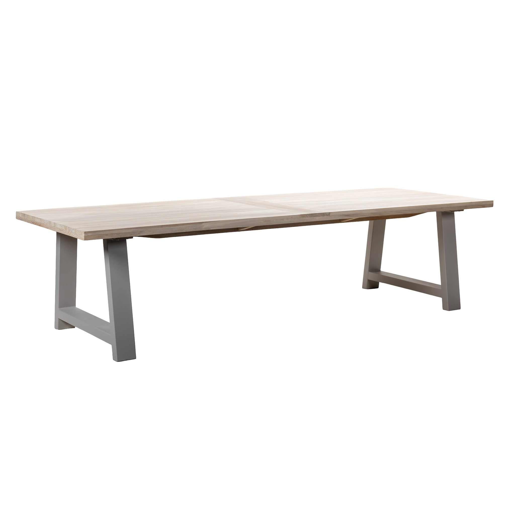 Long wooden table with a light finish on a white background