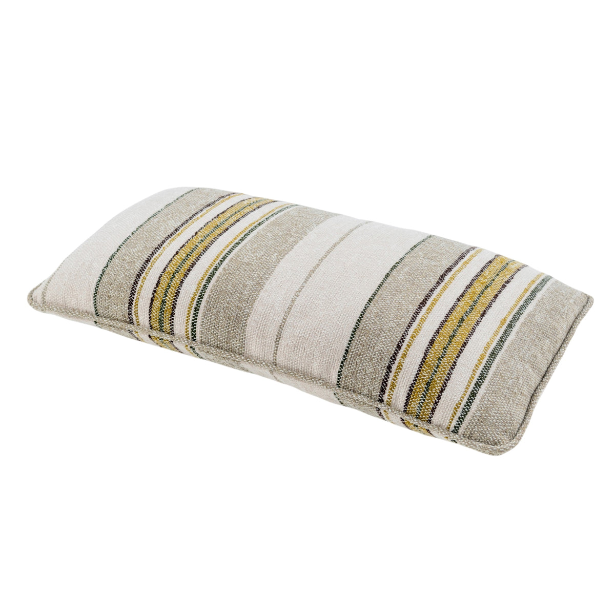 Angled view of the Soft Lowlands rectangular scatter cushion showing its textured woven fabric and decorative stripes in muted earthy tones.
