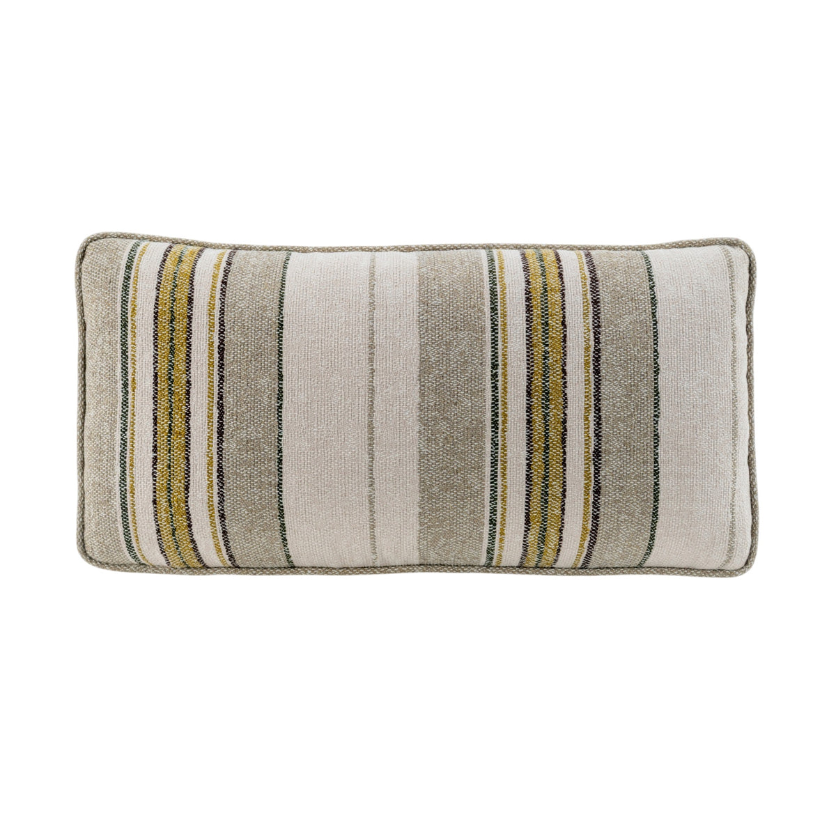 Front view of the Soft Lowlands rectangular scatter cushion showing its textured woven fabric and decorative stripes in muted earthy tones.