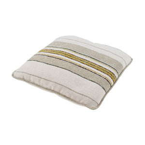 Angled view of the Soft Lowlands square scatter cushion showing its textured woven fabric and decorative stripes in muted earthy tones.