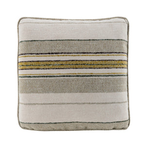 Soft Lowlands square scatter cushion featuring textured beige and ivory woven fabric with grey, mustard yellow and dark green stripes.