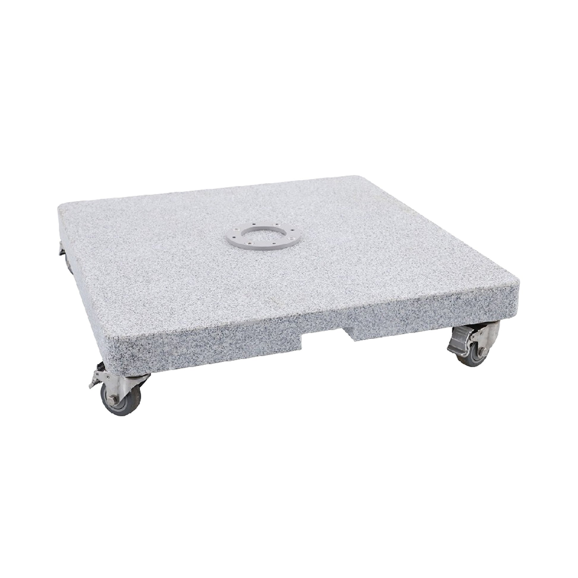 Square grey granite stone umbrella base with wheels for cantilever umbrellas. 