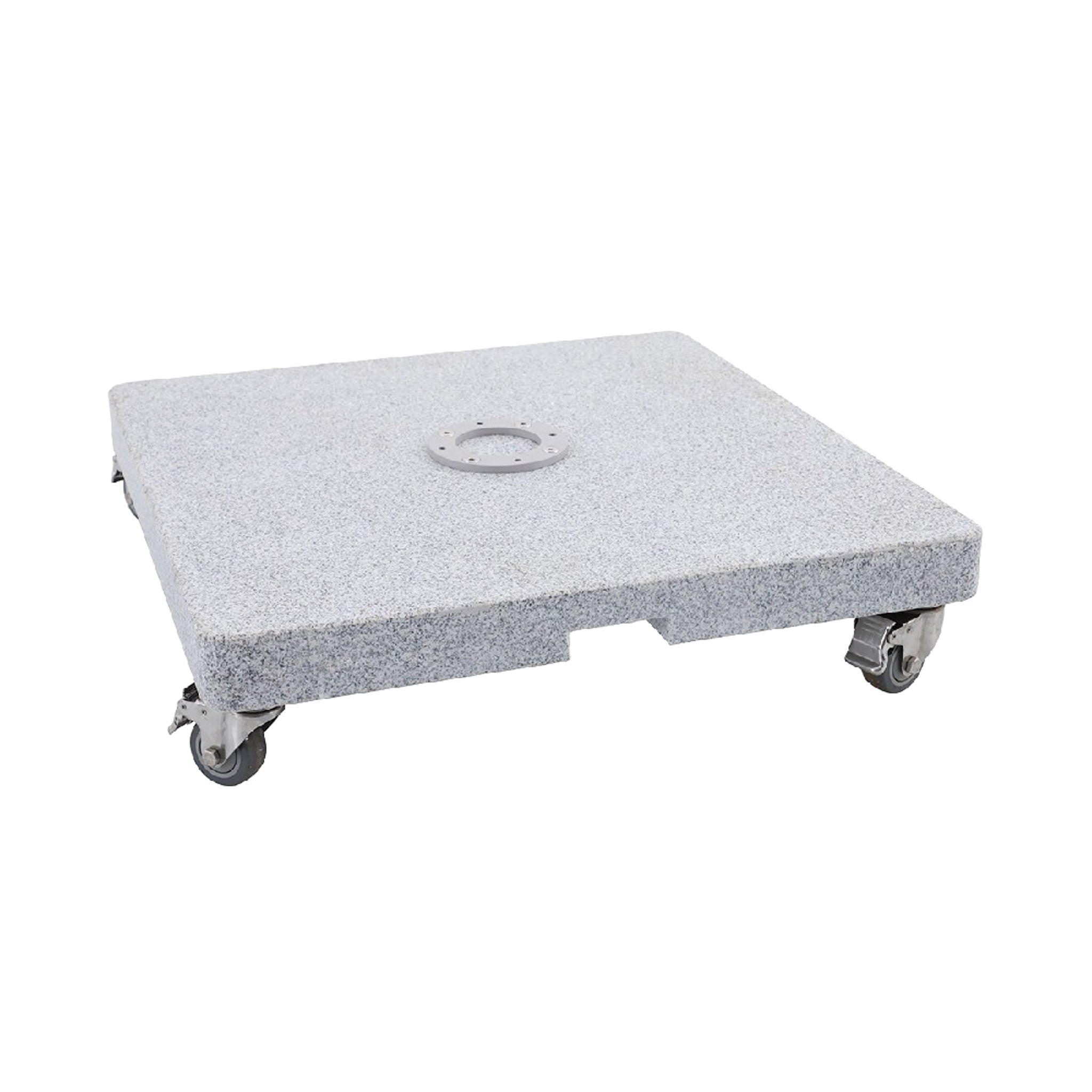 Square grey granite stone umbrella base with wheels for cantilever umbrellas. 