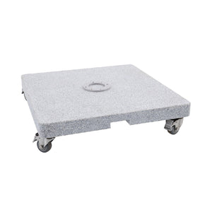 Square grey granite stone umbrella base with wheels for cantilever umbrellas. 