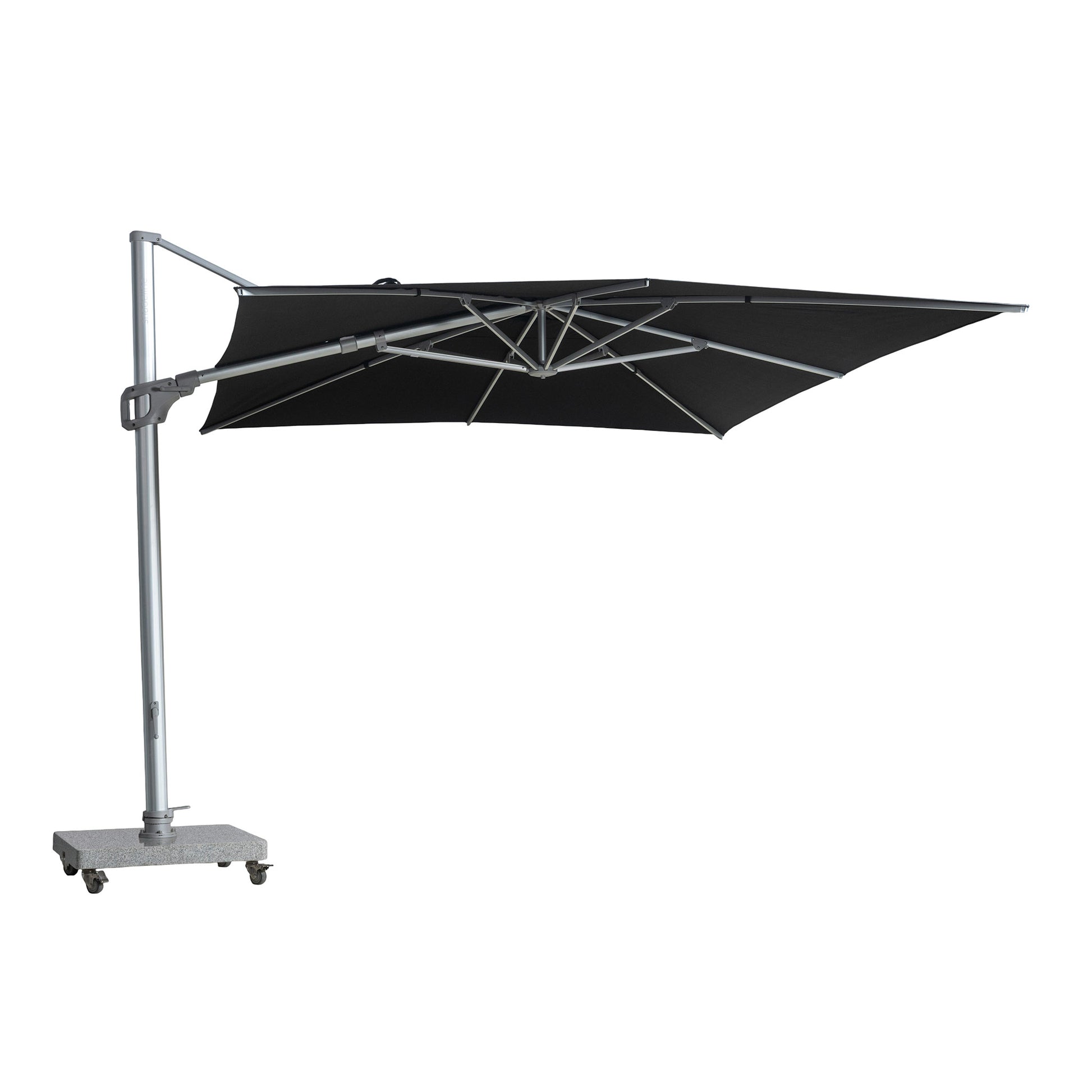 St Tropez cantilever umbrella with rectangular canopy in black colour. Side view.