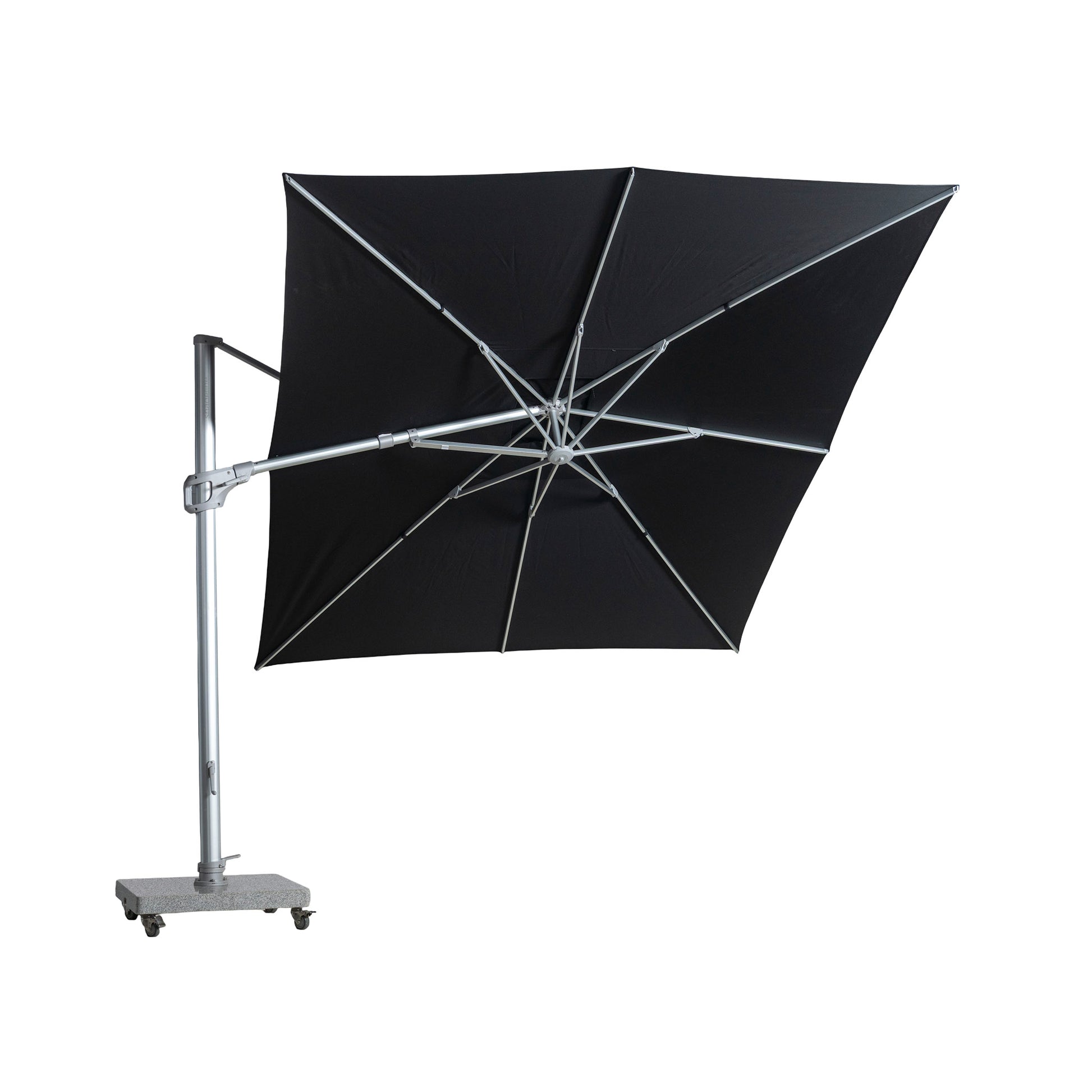 St Tropez cantilever umbrella with rectangular canopy in black colour. Bottom of canopy view.