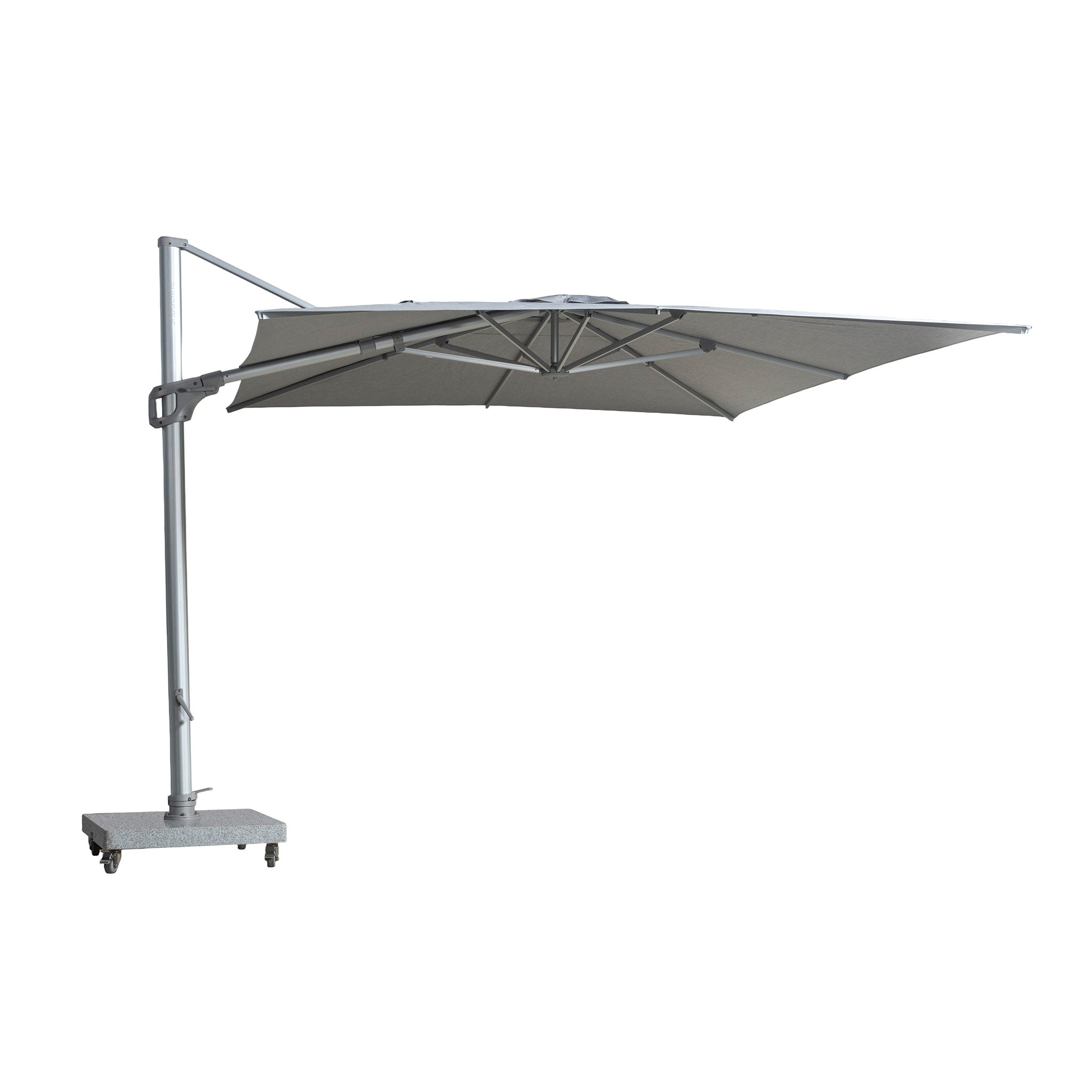 St Tropez cantilever umbrella with rectangular canopy in grey colour. Side view.