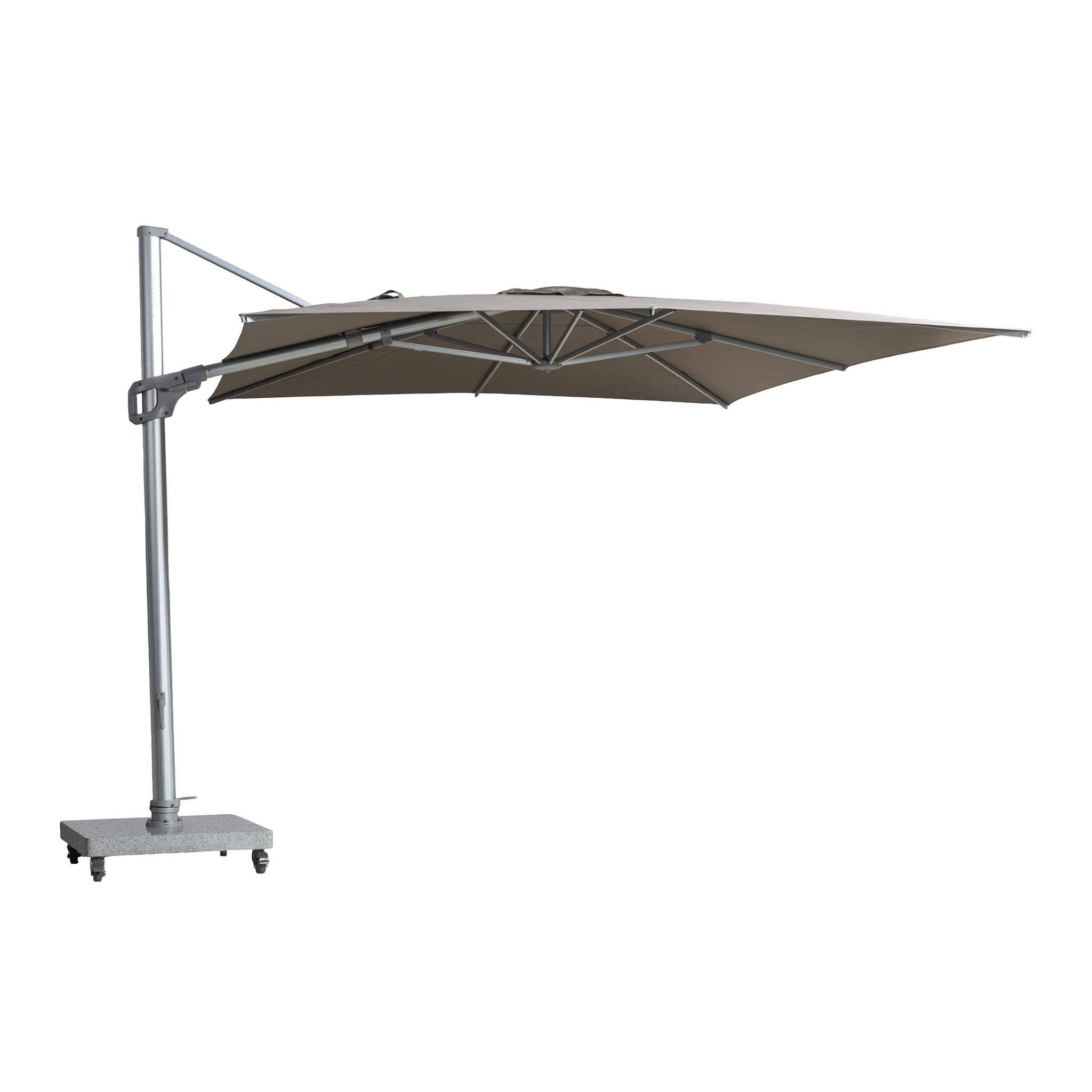 St Tropez cantilever umbrella with rectangular canopy in taupe colour. Side view.