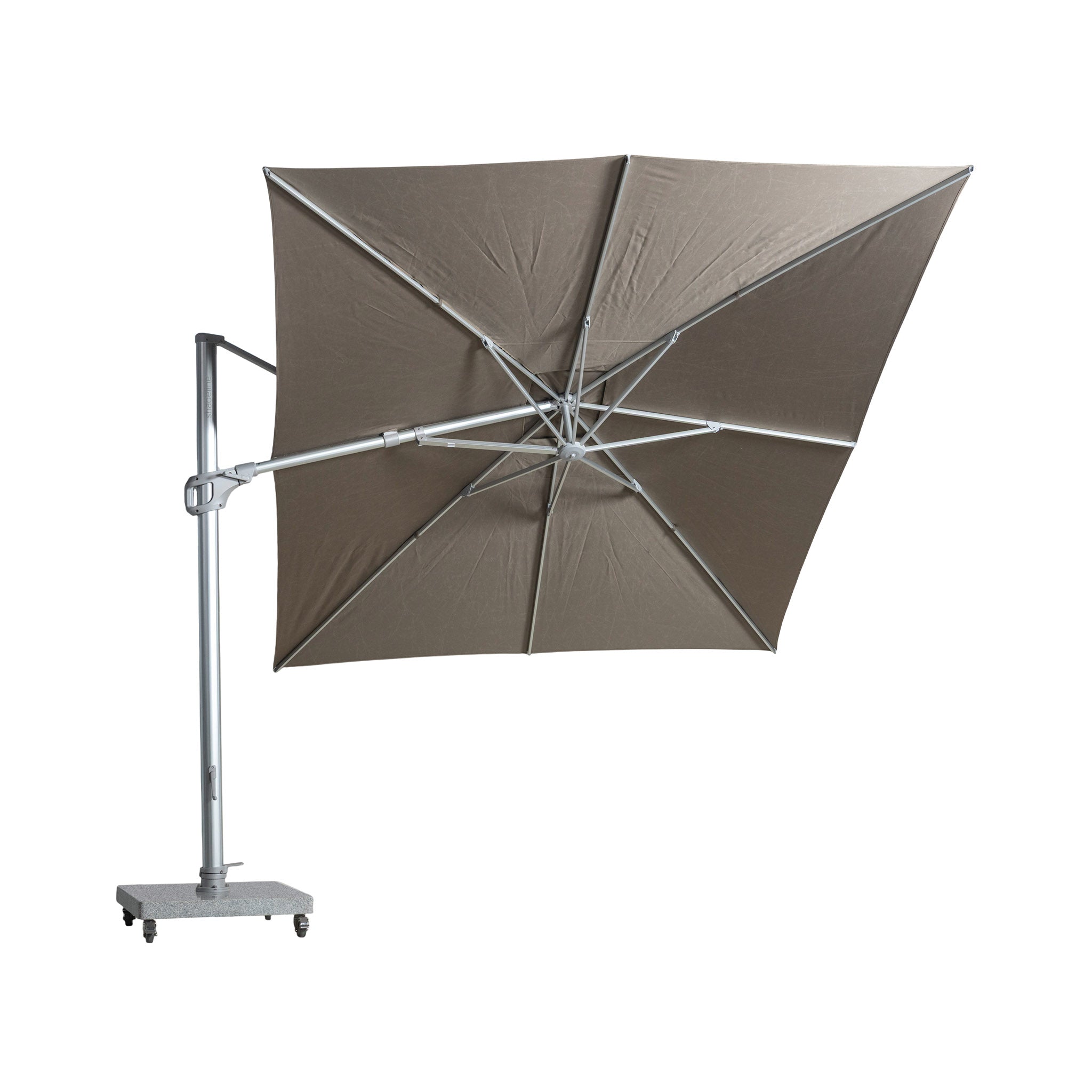 St Tropez cantilever umbrella with rectangular canopy in taupe colour. Bottom of canopy view.