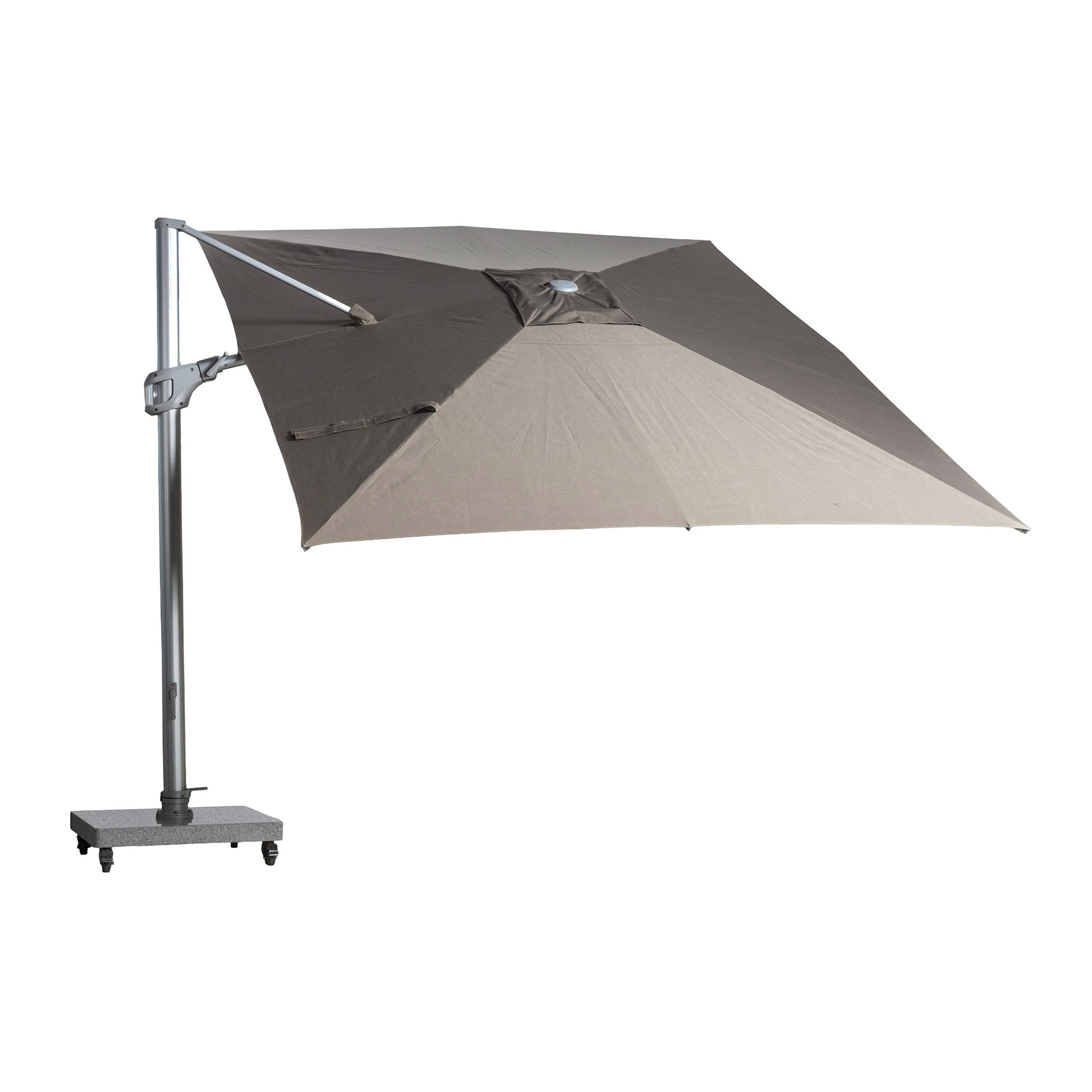 St Tropez cantilever umbrella with rectangular canopy in taupe colour. Top of canopy view.