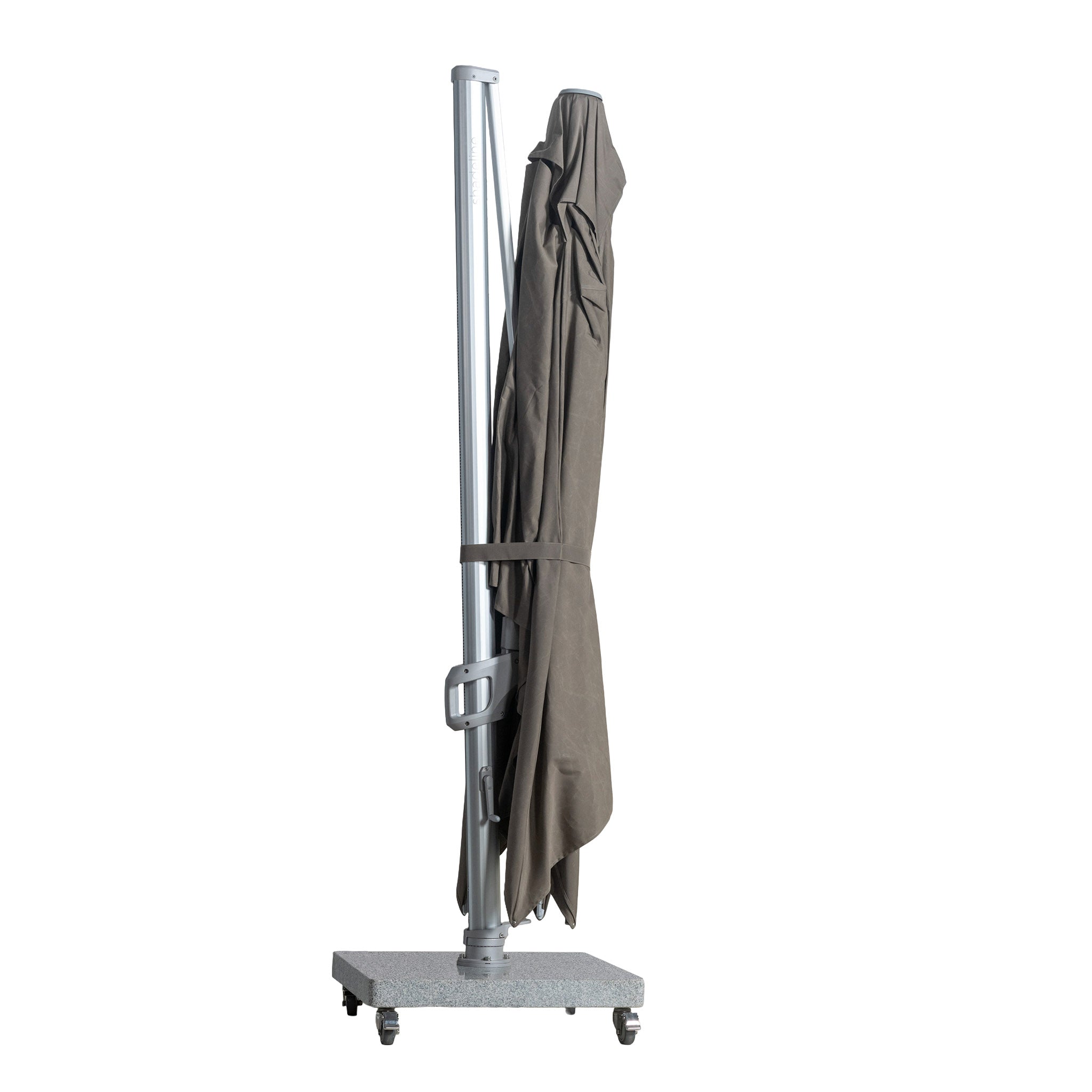 St Tropez cantilever umbrella with rectangular canopy in taupe colour. Collapsed for storage view.