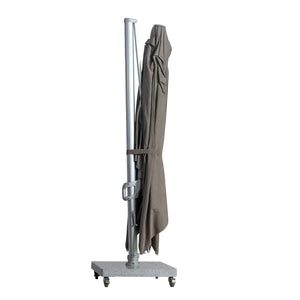 St Tropez cantilever umbrella with rectangular canopy in taupe colour. Collapsed for storage view.