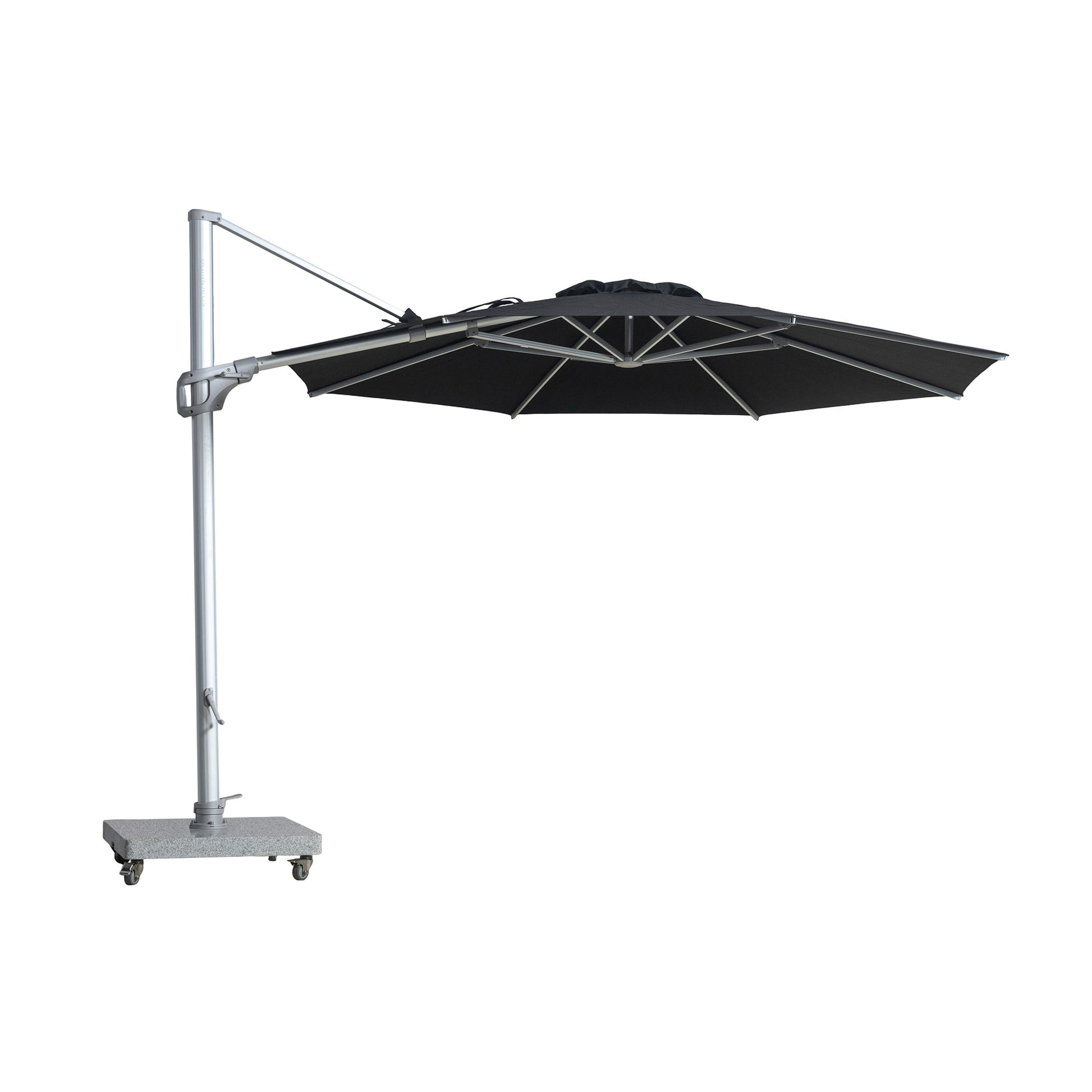 St Tropez round cantilever umbrella with black coloured canopy viewed from front with white background.