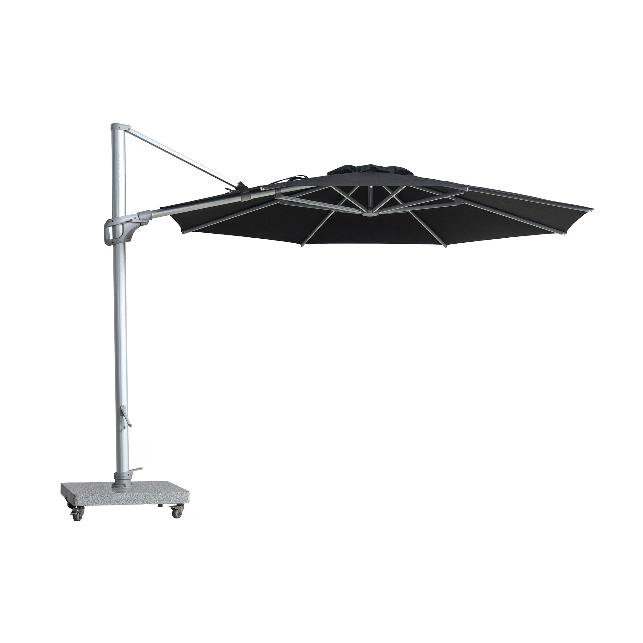 St Tropez round cantilever umbrella with black coloured canopy viewed from front with white background.