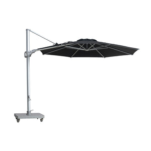 St Tropez round cantilever umbrella with black coloured canopy viewed from front with white background.