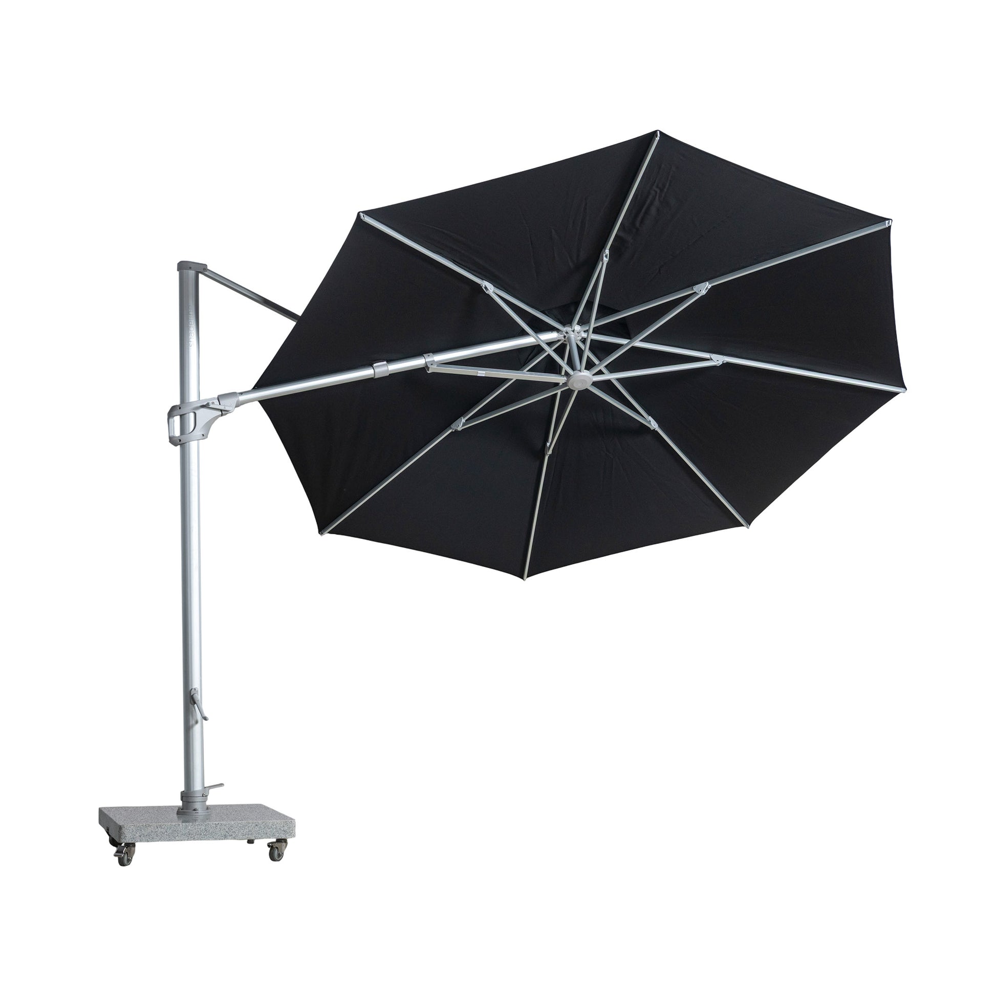 St Tropez round cantilever umbrella with black coloured canopy tilted to show ribs and poles and with white background.