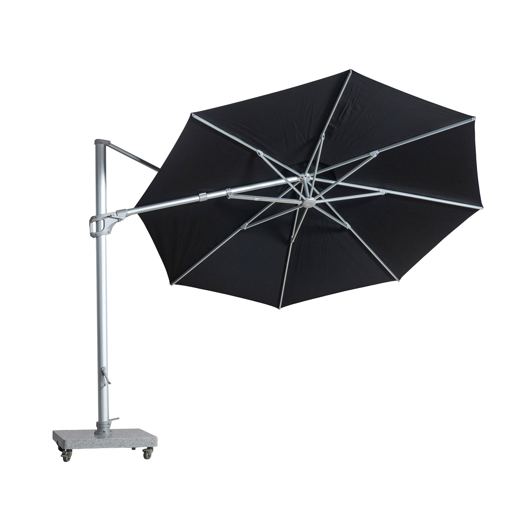 St Tropez round cantilever umbrella with black coloured canopy tilted to show ribs and poles and with white background.
