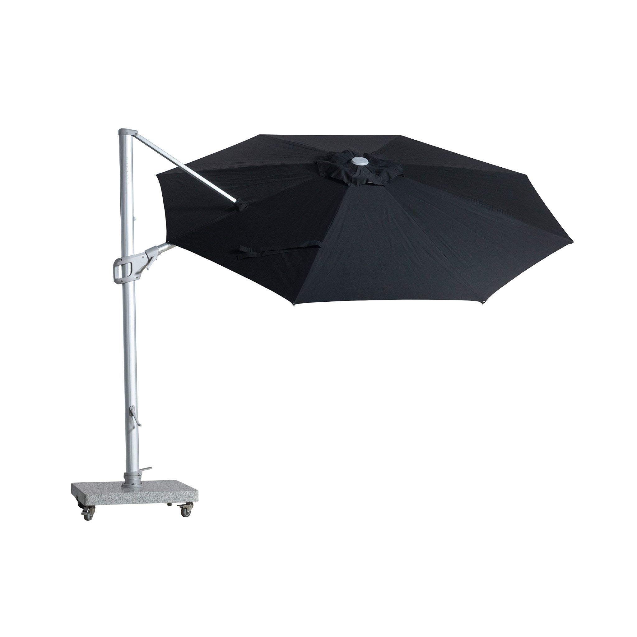 St Tropez round cantilever umbrella with black coloured canopy tilted to show top  with white background.