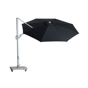 St Tropez round cantilever umbrella with black coloured canopy tilted to show top  with white background.