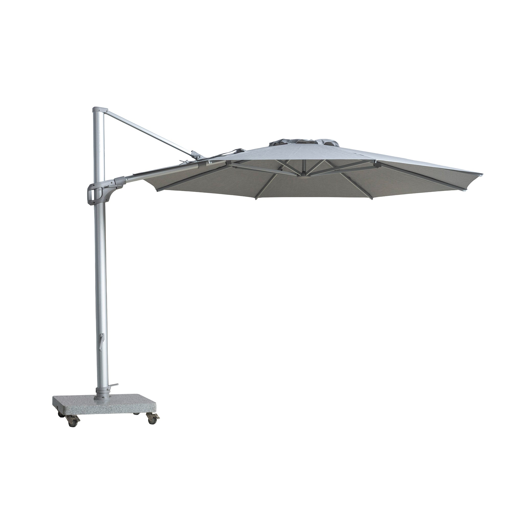 St Tropez round cantilever umbrella with grey coloured canopy. Front view with white background.