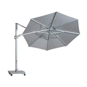 St Tropez round cantilever umbrella with grey coloured canopy expanded and tilted to show poles and frame with white background.