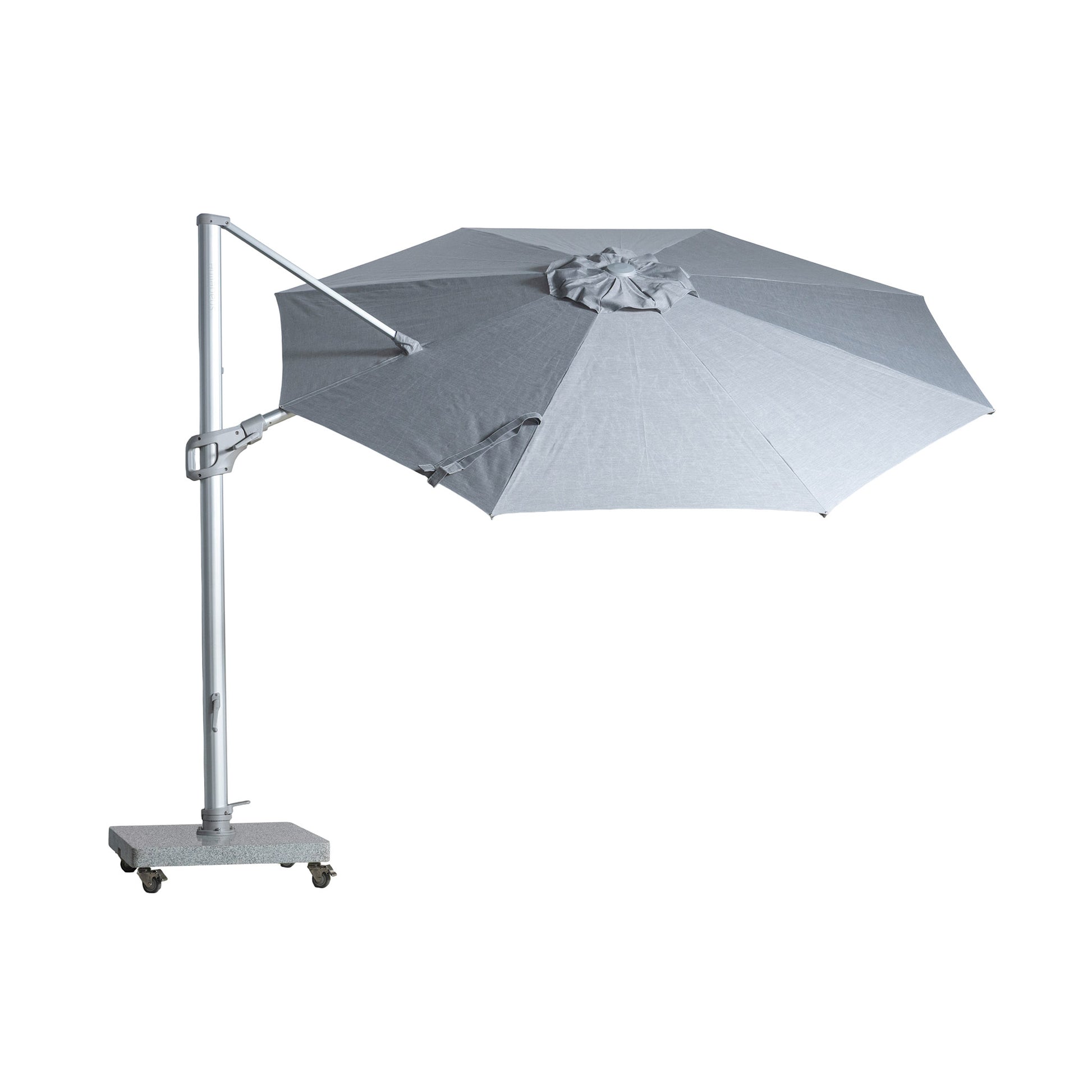 St Tropez round cantilever umbrella with grey coloured canopy open and tilted to show top with white background.