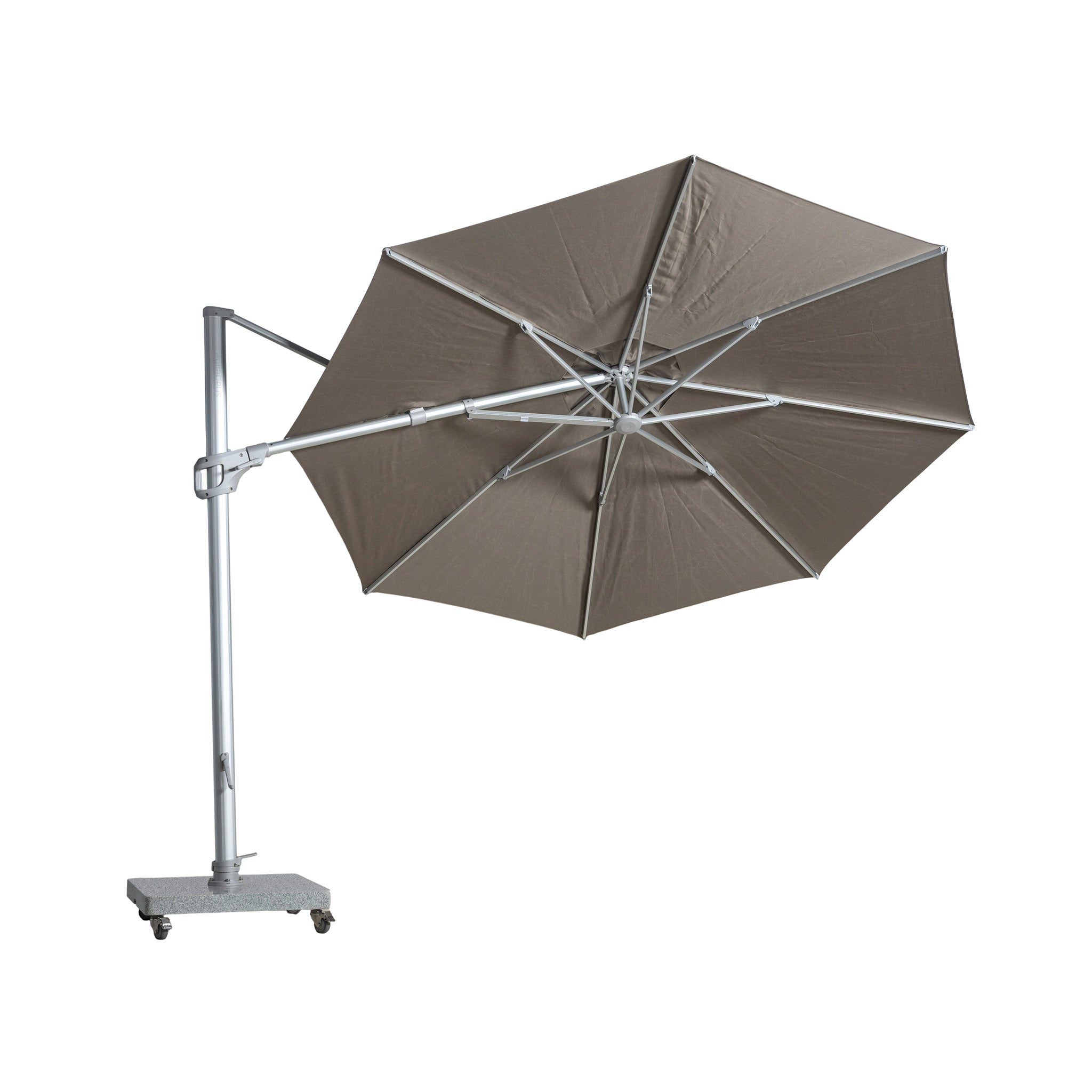 St Tropez round cantilever umbrella with taupe coloured canopy showing the ribs, poll and stand with white background.