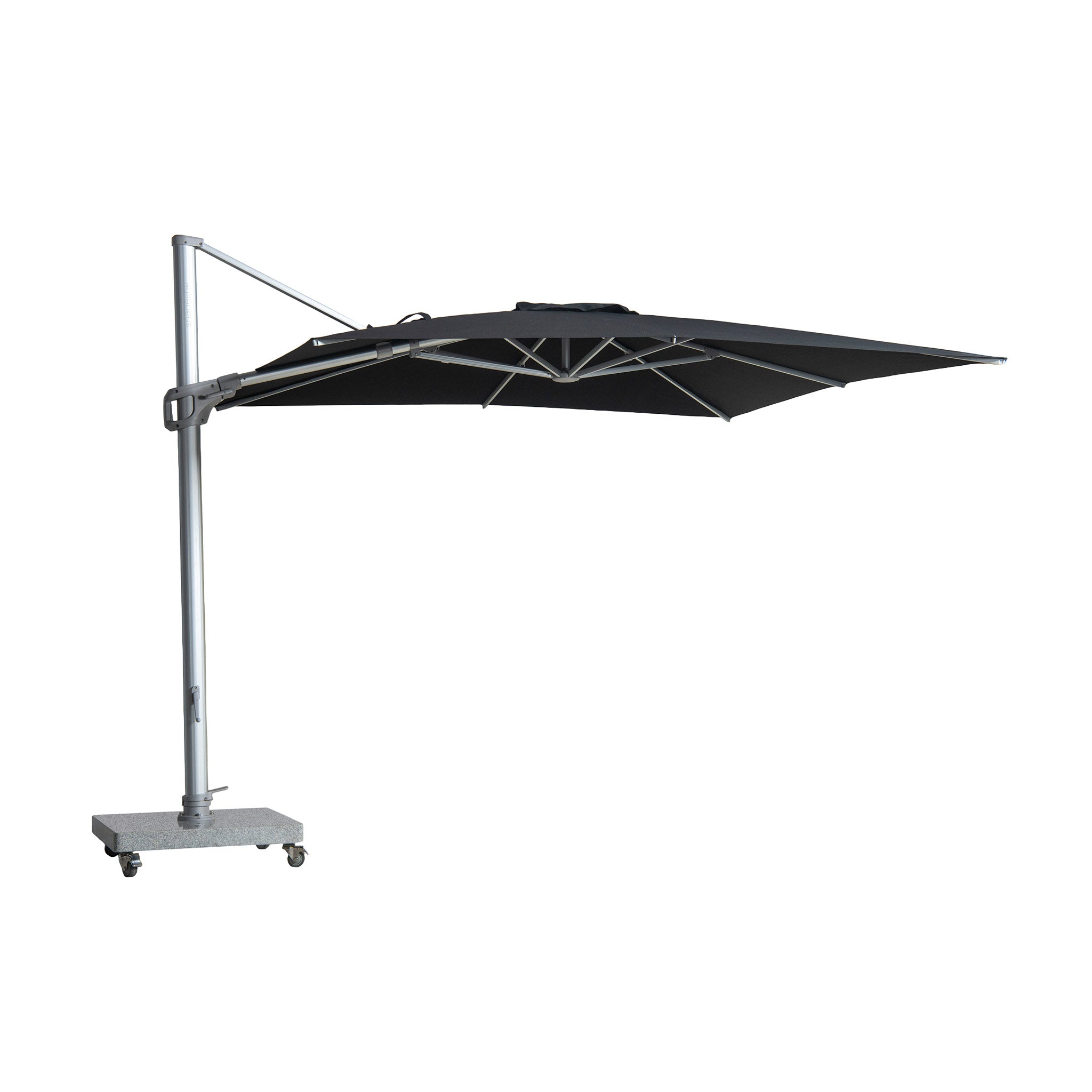St Tropez square cantilever umbrella in black colour. Front view.