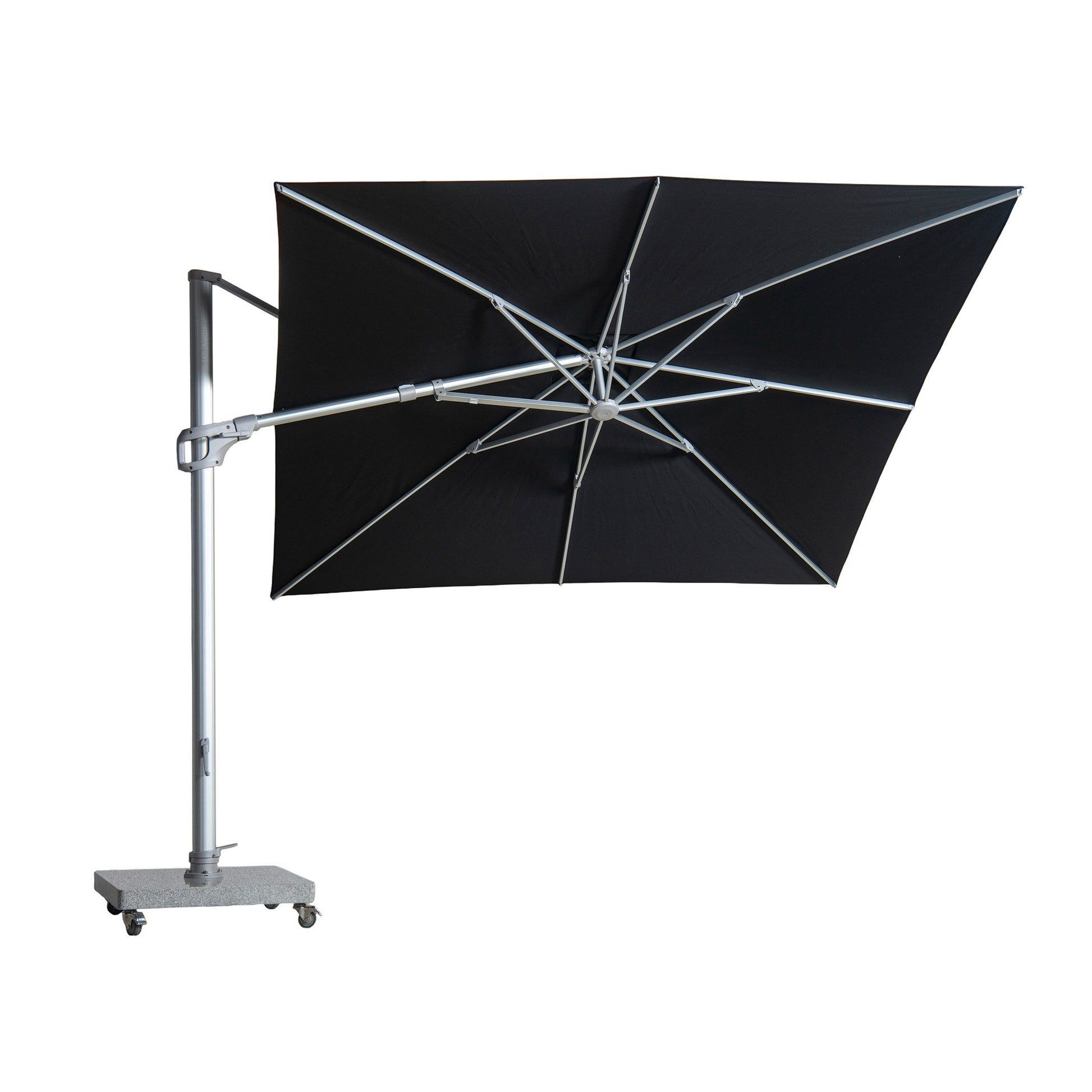 St Tropez square cantilever umbrella in black colour. Bottom of canopy view.