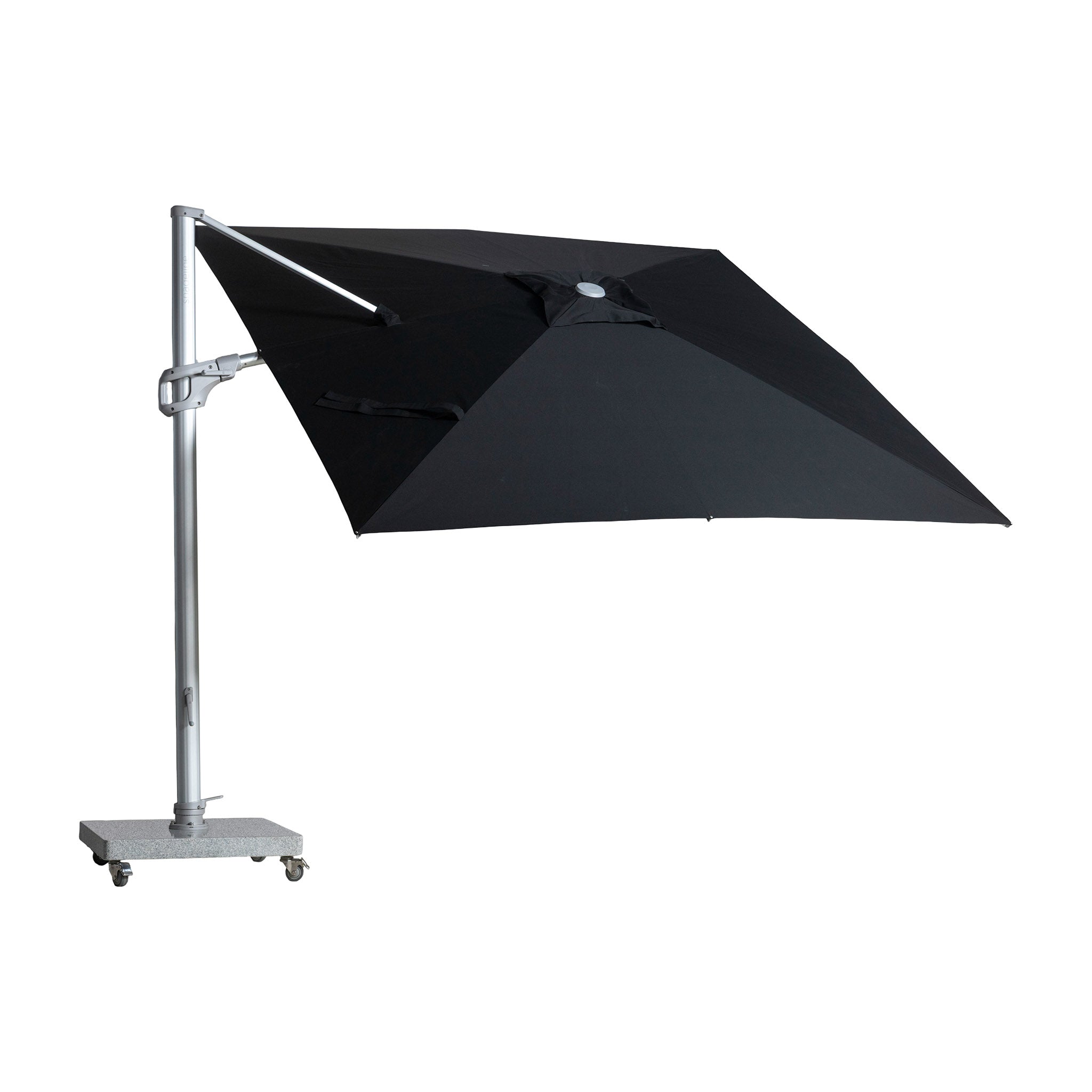 St Tropez square cantilever umbrella in black colour. Top of canopy view.