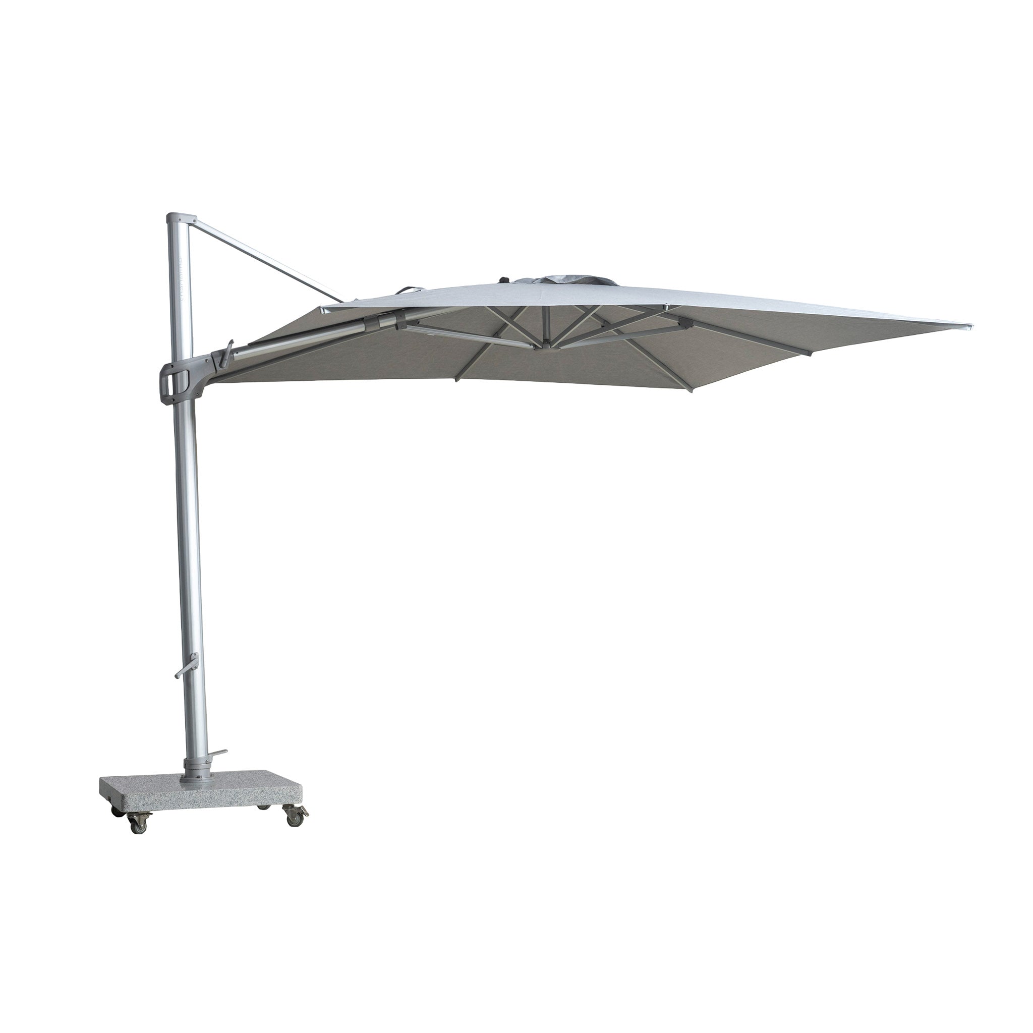 St Tropez square cantilever umbrella in grey colour. Front view.
