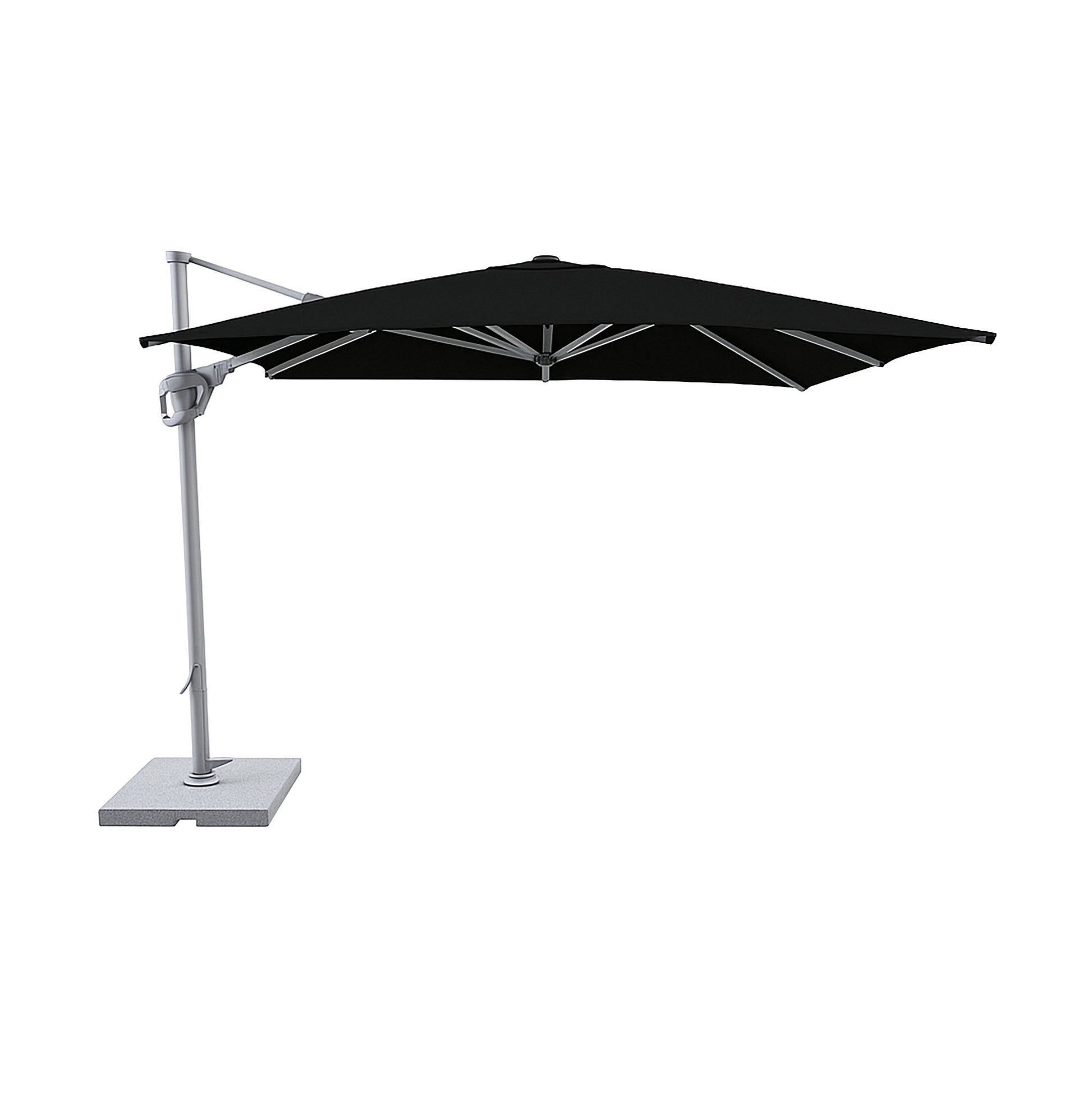 Shadeline St Tropez square cantilever umbrella with black canopy.