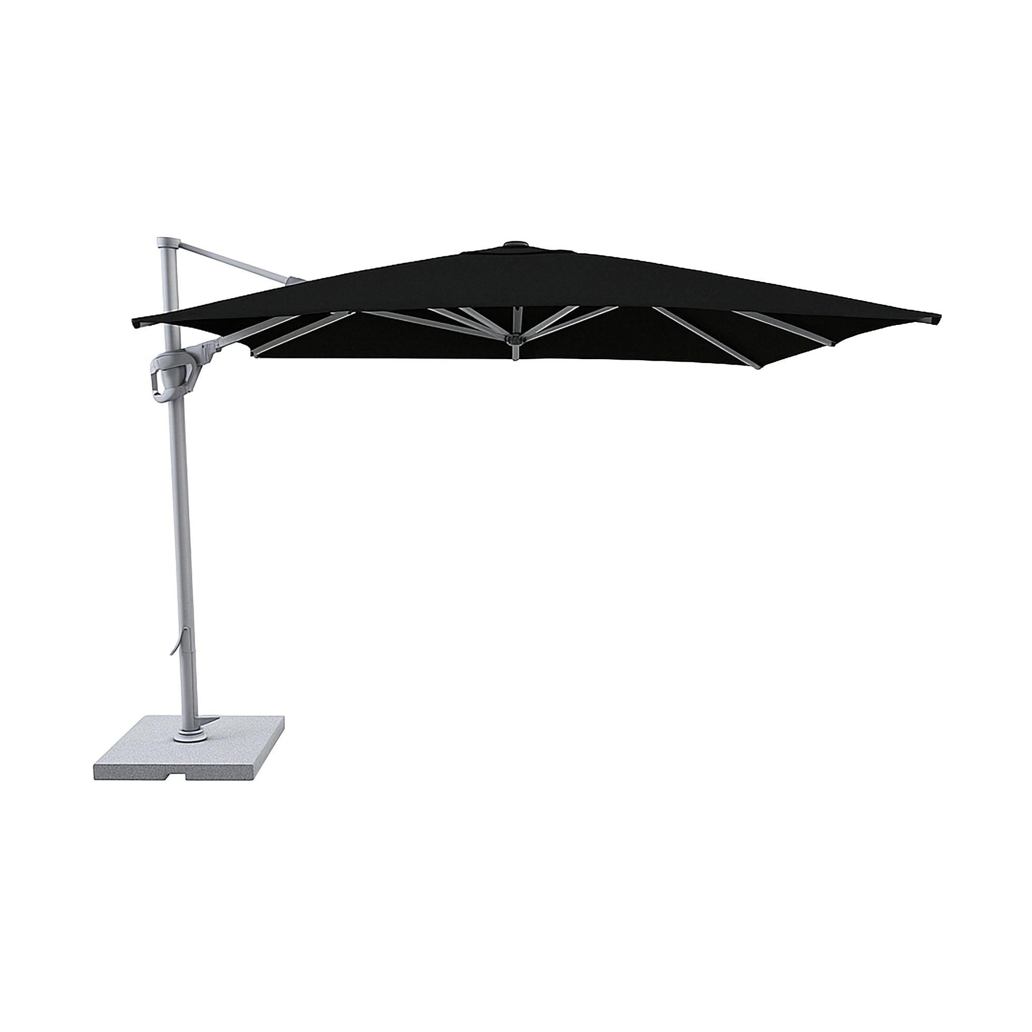 Shadeline St Tropez square cantilever umbrella with black canopy.
