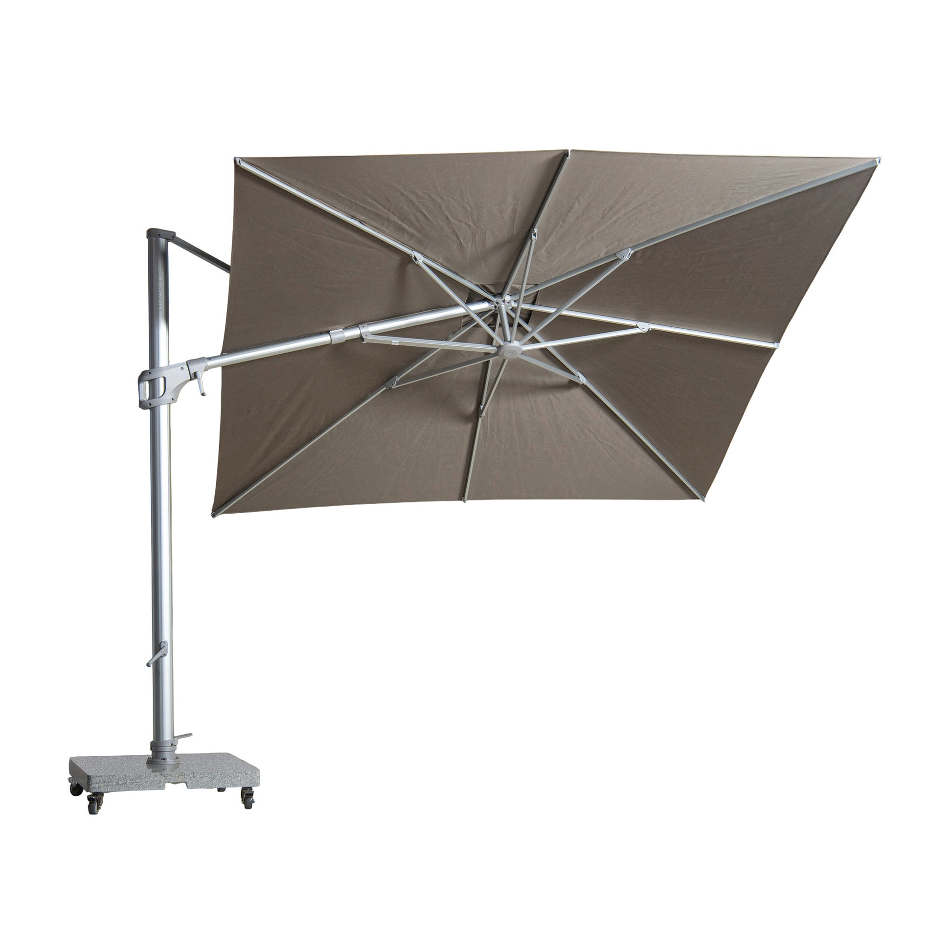 St Tropez square cantilever umbrella in taupe colour. Bottom of canopy view.