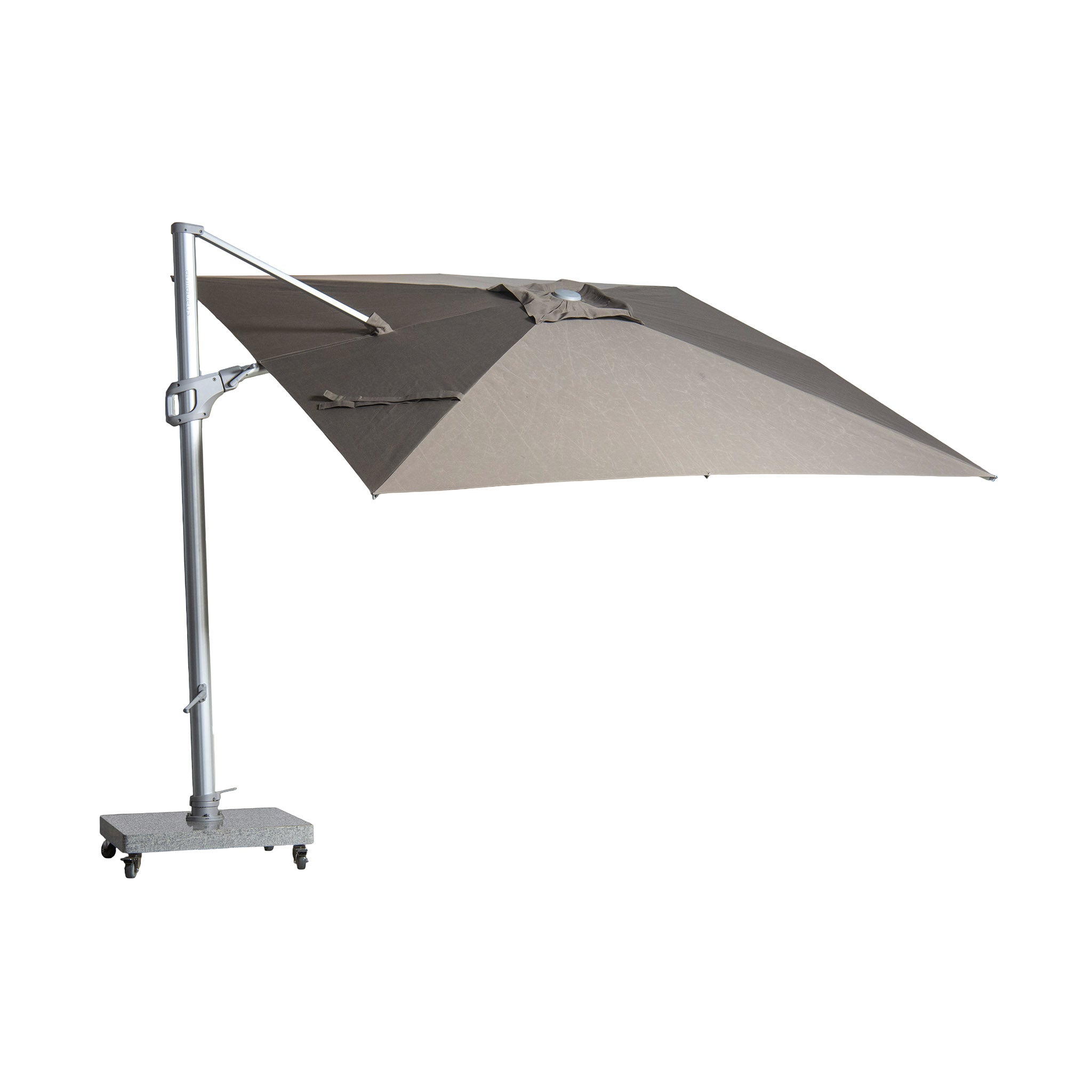 St Tropez square cantilever umbrella in taupe colour. Top of canopy view.