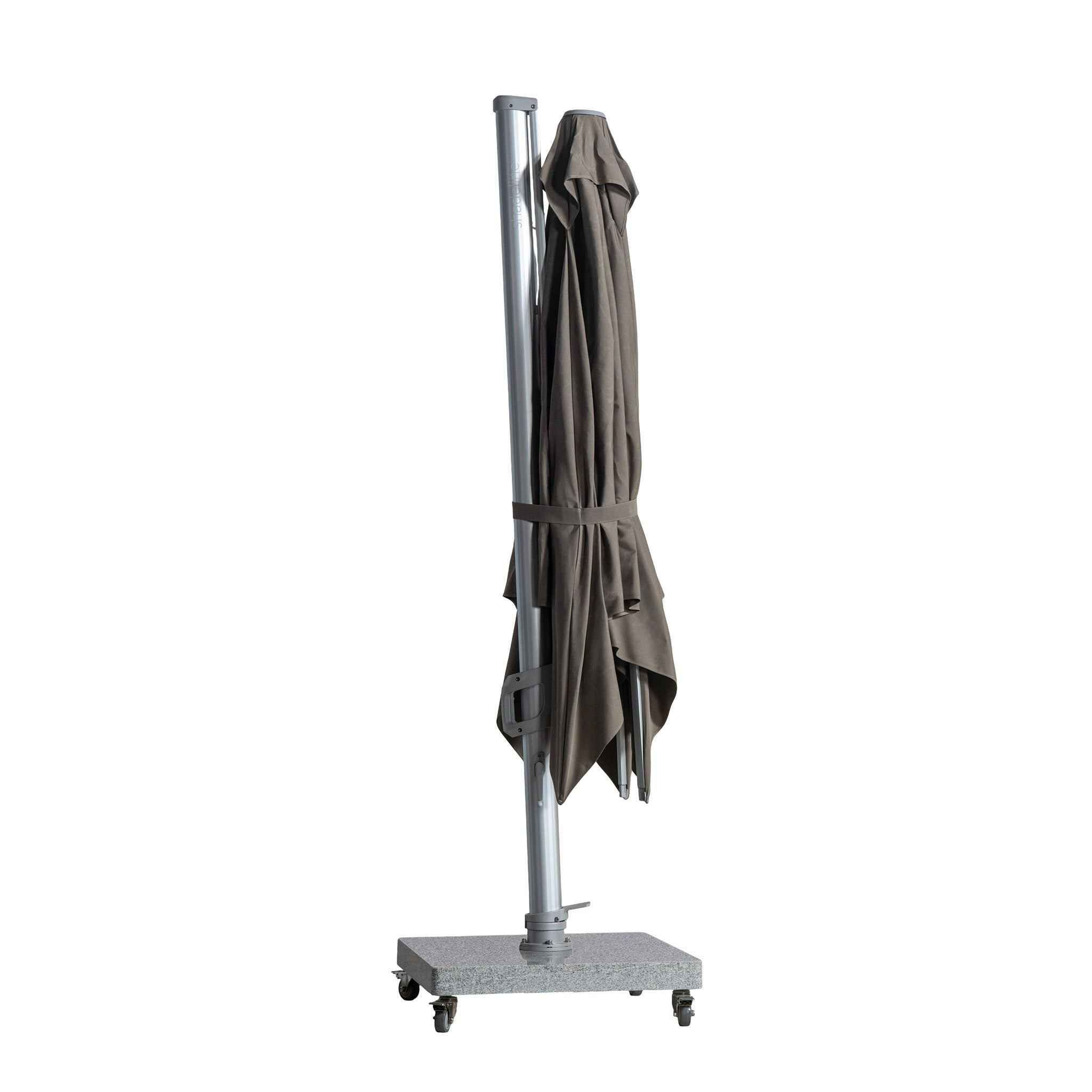 St Tropez square cantilever umbrella in taupe colour. Canopy closed for convenient storage.