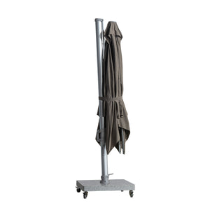 St Tropez square cantilever umbrella in taupe colour. Canopy closed for convenient storage.
