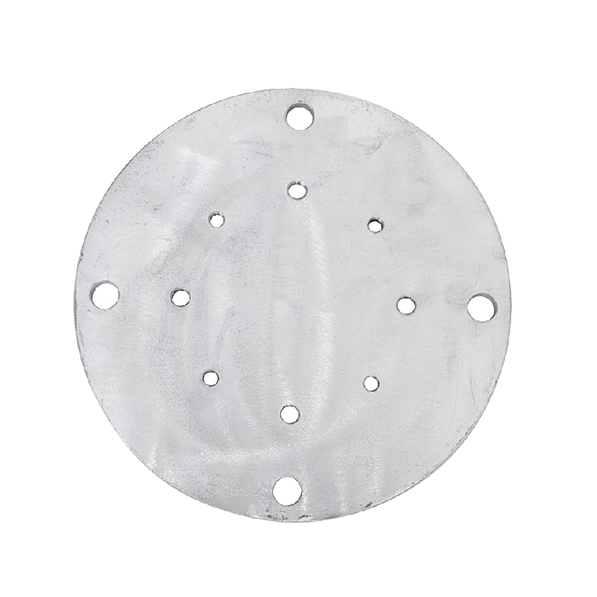Round metal disc cantilever base plate with multiple holes on a white background