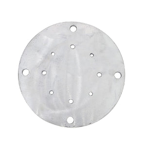 Round metal disc cantilever base plate with multiple holes on a white background