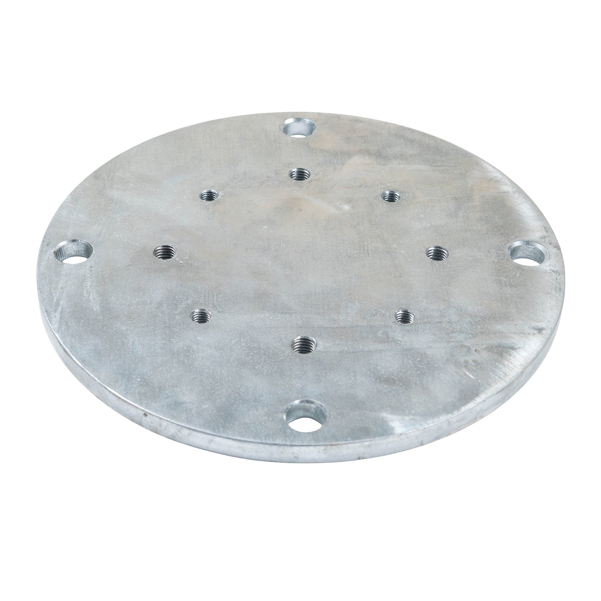Round steel on ground umbrella mount plate with holes for screws and white background