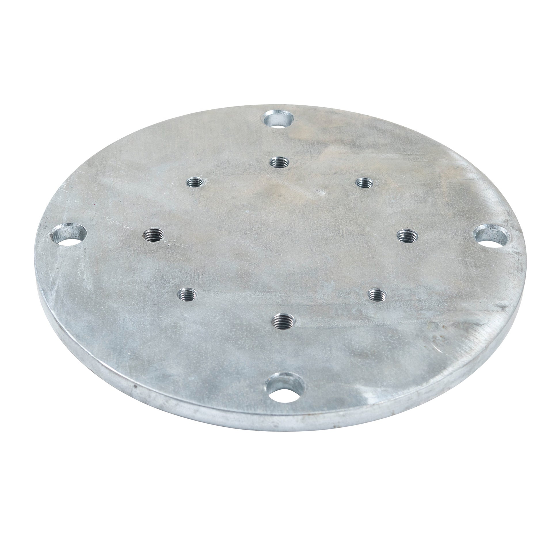 Round steel on ground umbrella mount plate with holes for screws and white background