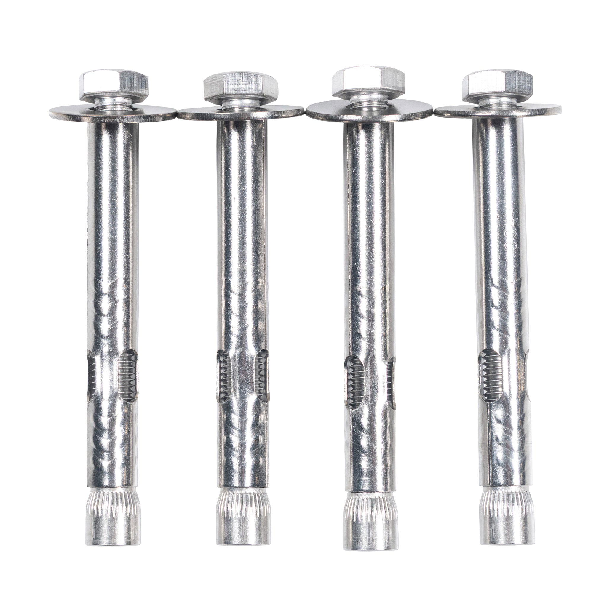 Four metallic screws with threaded shafts on a white background