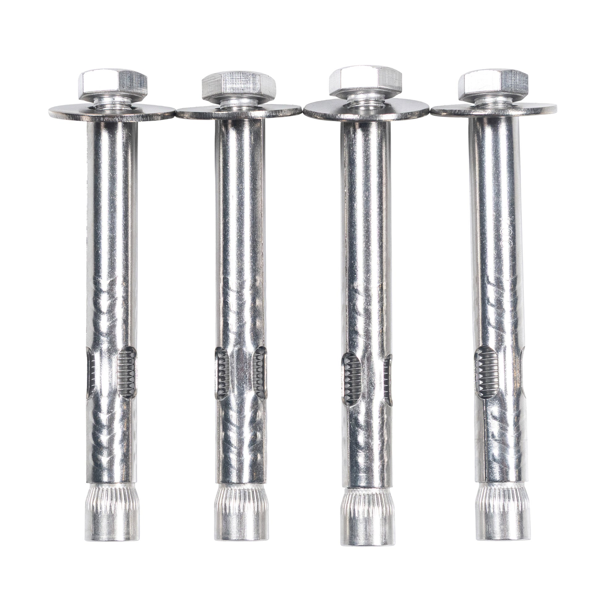 Four metallic screws with threaded shafts on a white background