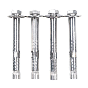Four metallic screws with threaded shafts on a white background