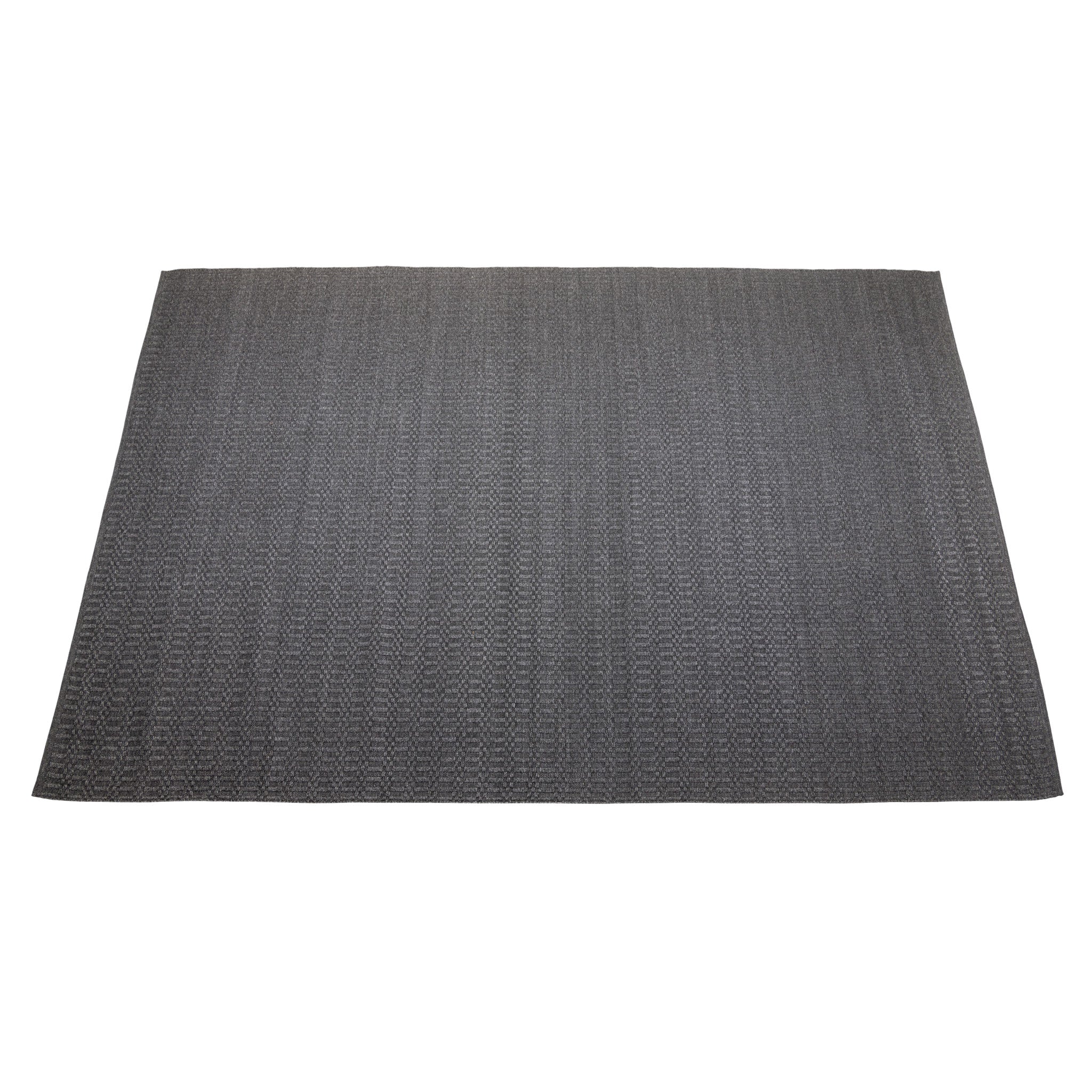 Full view of square outdoor handwoven floor rug. 