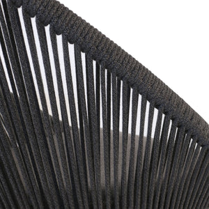 Closeup of woven rope on back and seat of outdoor dining chair. 