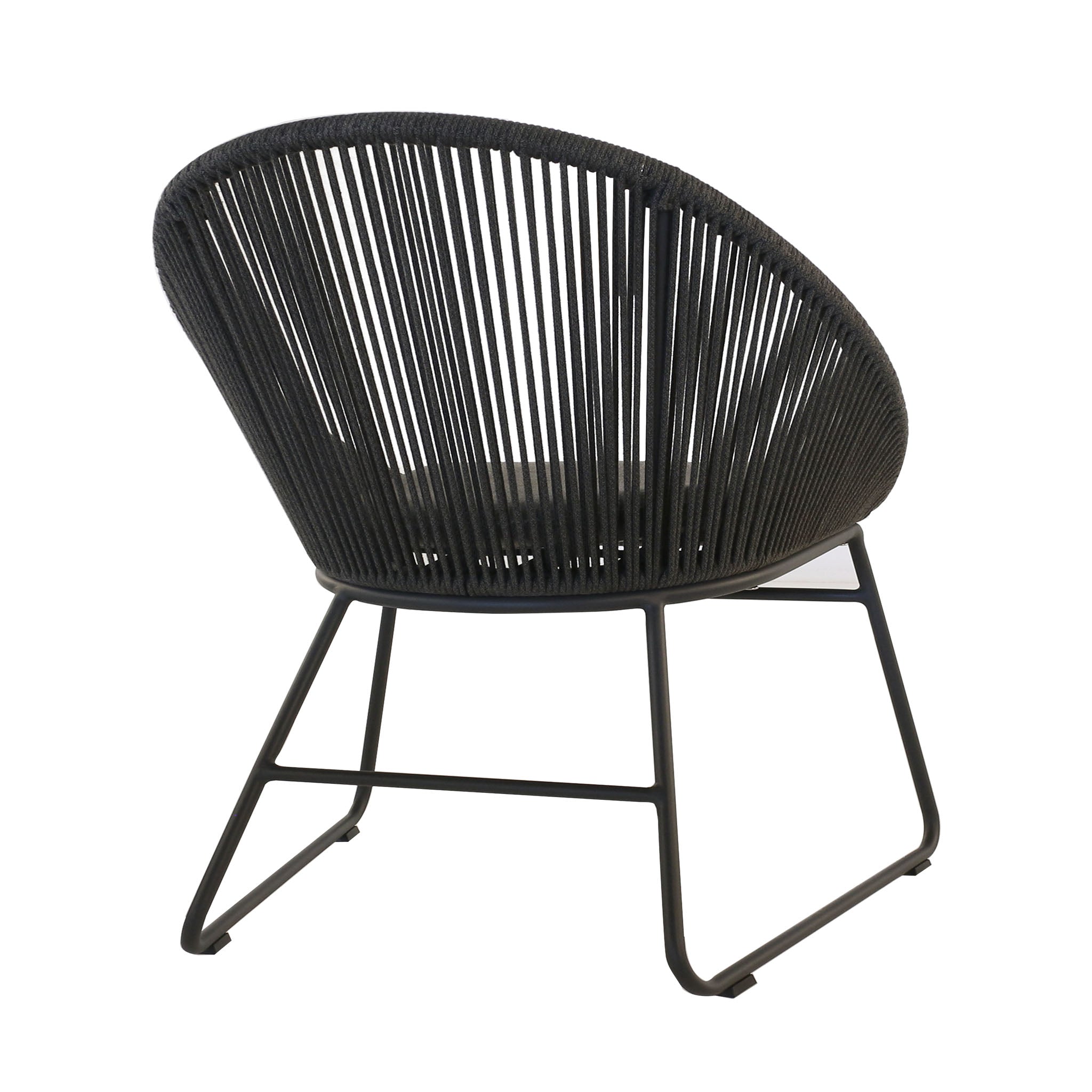 Rear view of outdoor door dining armchair with round design made with aluminium for frame wrapped with outdoor rope.