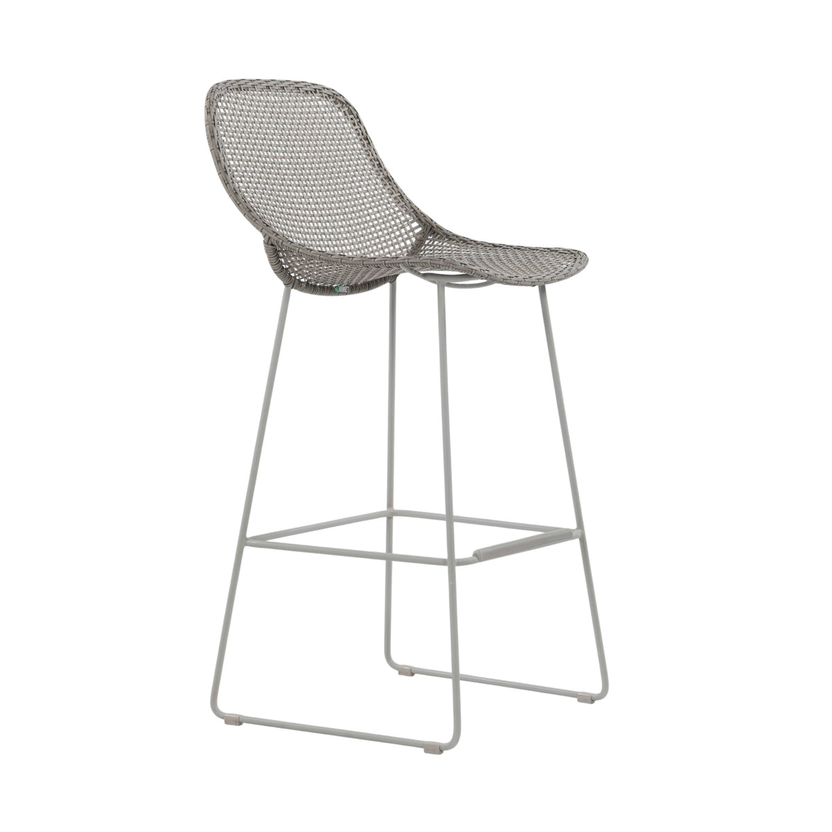 Turin Outdoor Bar Stool with pebble-coloured woven wicker seat and curved backrest, linen metal frame and integrated footrest. Front angle view.
